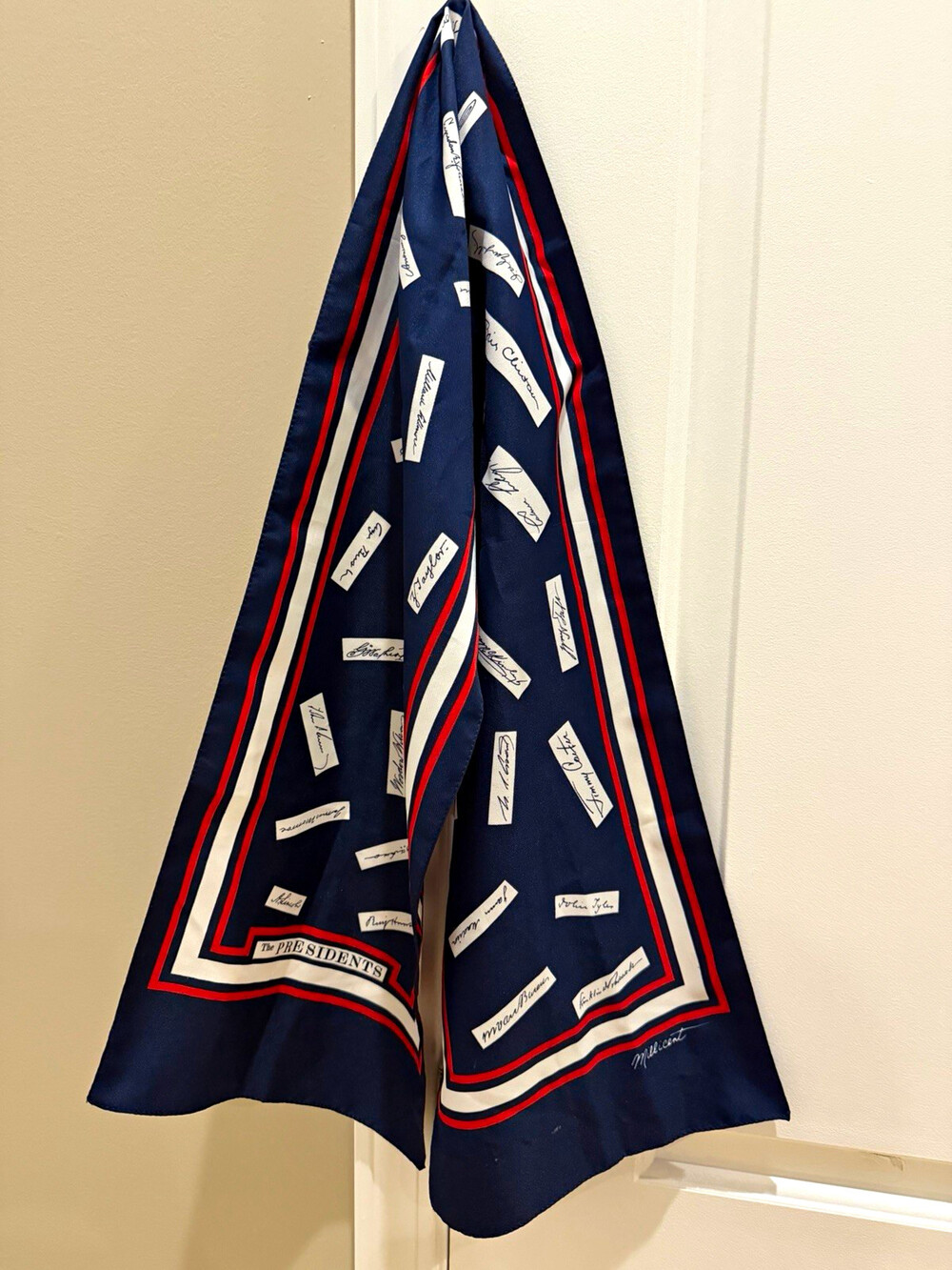 Millicent The Presidents Signatures Scarf 52.5x9.75 Red White Blue USA politics